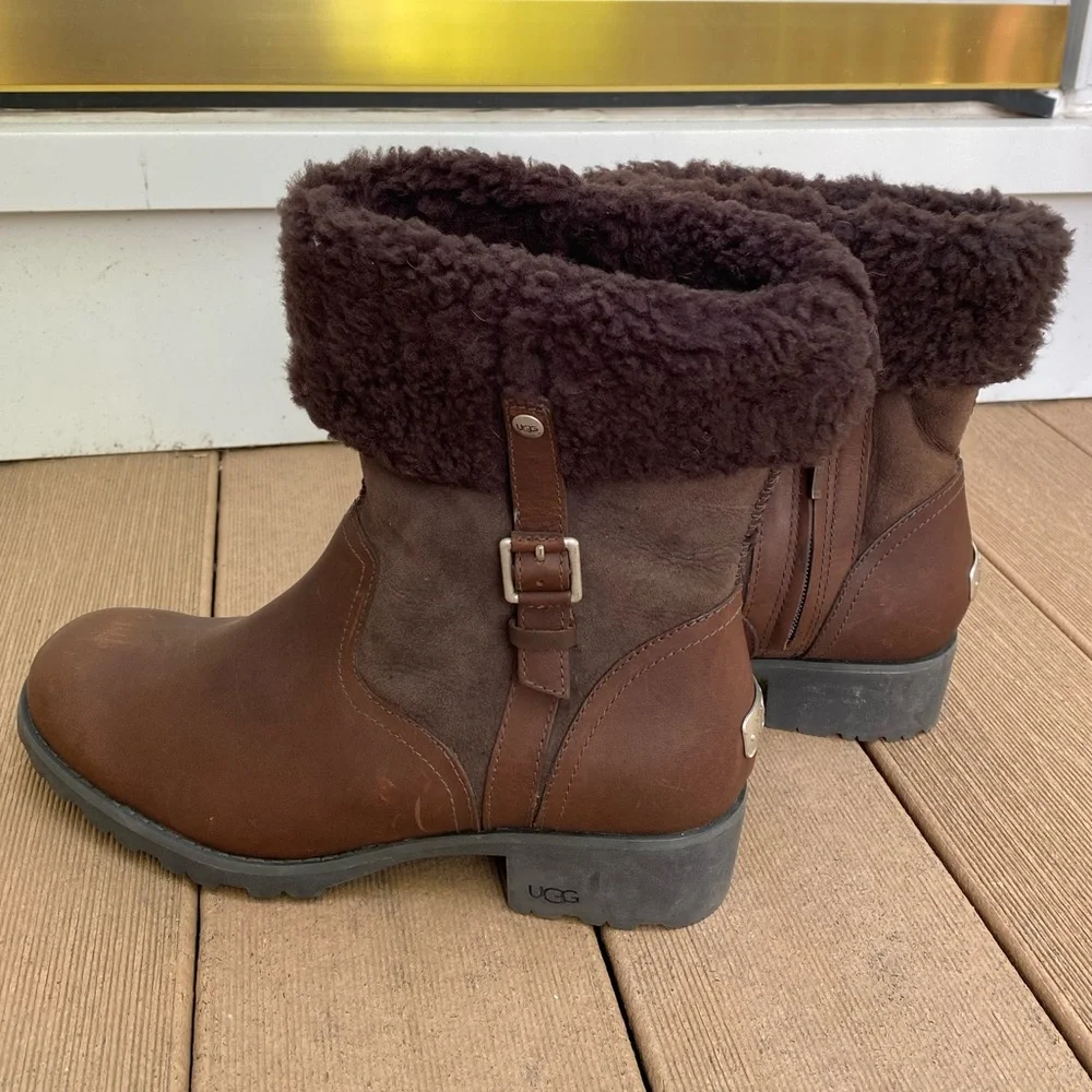 NWT UGG Women's Bellvue || Dark Brown Leather Boots Espresso Sherpa Lined Sz 10